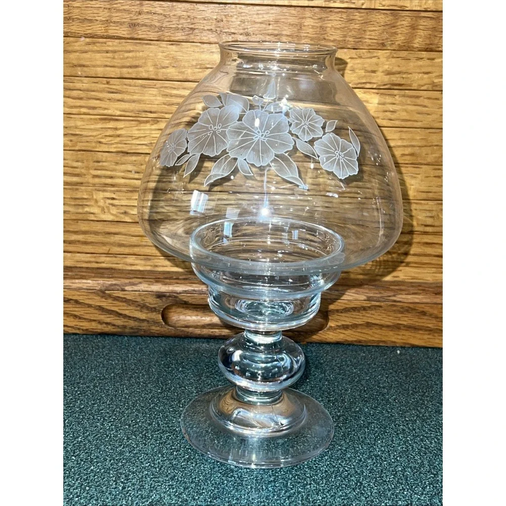 Vtg Pasabahce Blown Glass Hurricane Candle Shade Globe and Base Blossom Design